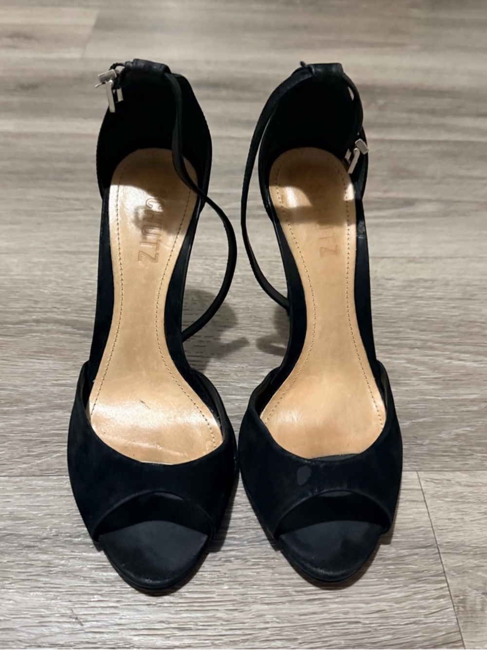 SCHUTZ Black Suede Peep-Toe Ankle-Strap Heels